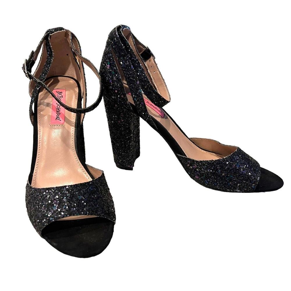 Betsey Johnson Glitter Chunky Heel Sandals Ankle Strap Cocktail Party Shoes 9.5